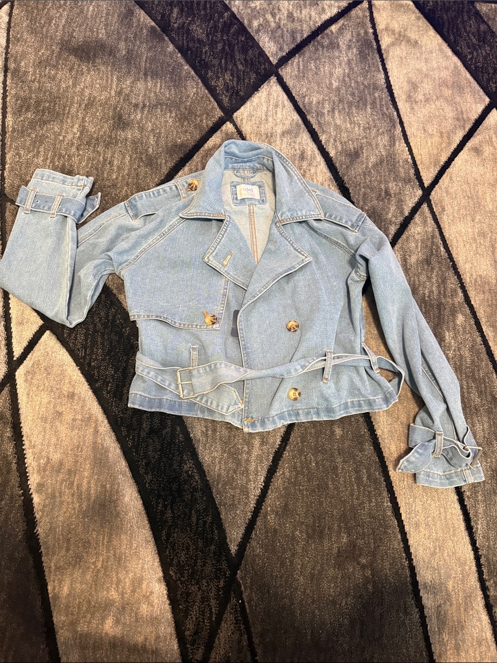 Cropped Light Blue Denim Trench Jacket with Belted Waist